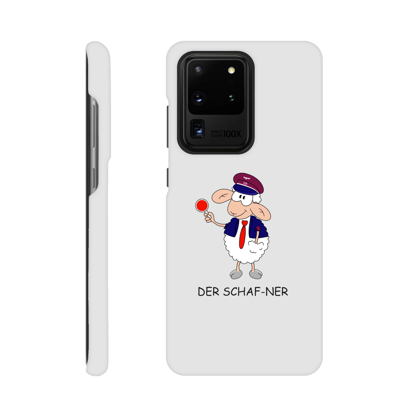 Eine Hülle für Samsung-Galaxy, weiß mit diversen Ausschnitten passend zum ausgewählten Gerät. Aufgedruckt ist auf der Hülle der Cartoon "DER SCHAF-NER" von Antje Blumrodt Cartoons.