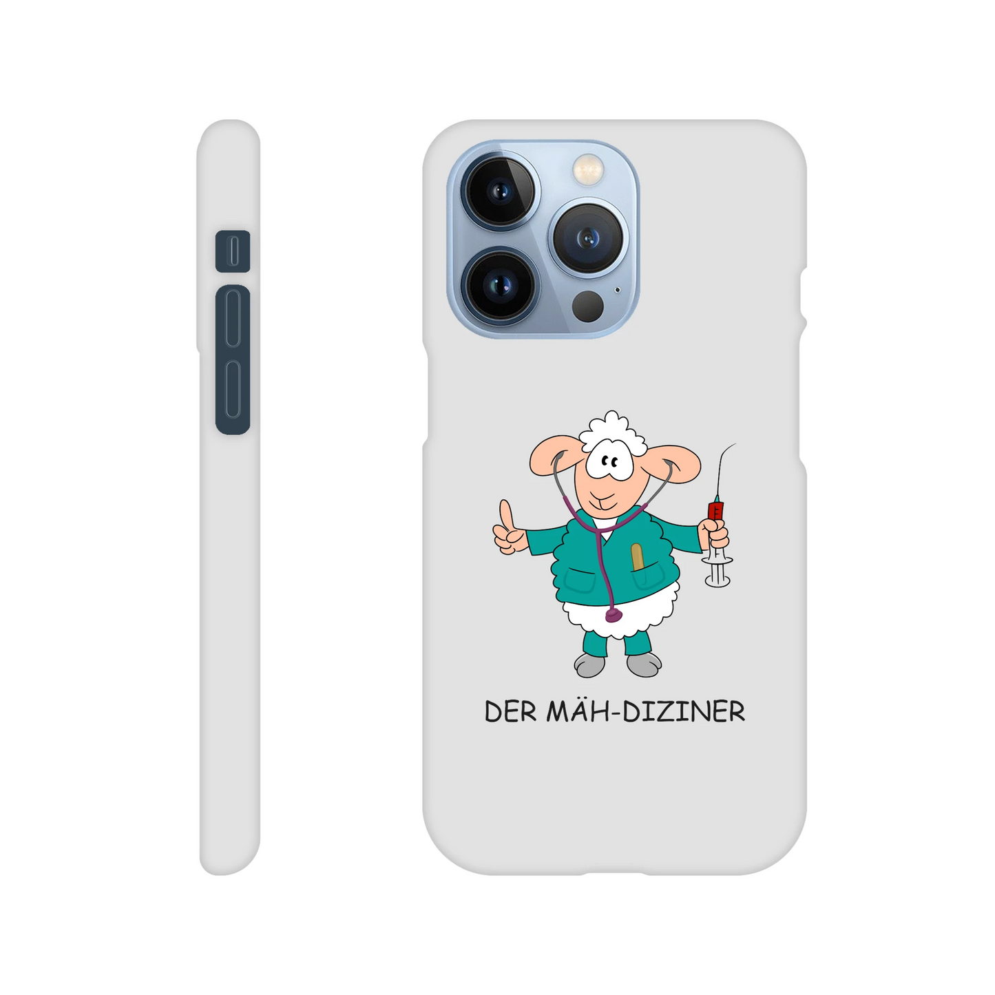 iPhone-Hülle, weiß mit diversen Ausschnitten passend zum ausgewählten Gerät. Aufgedruckt ist auf der Hülle der Cartoon "DER MÄH-DIZINER" von Antje Blumrodt Cartoons.