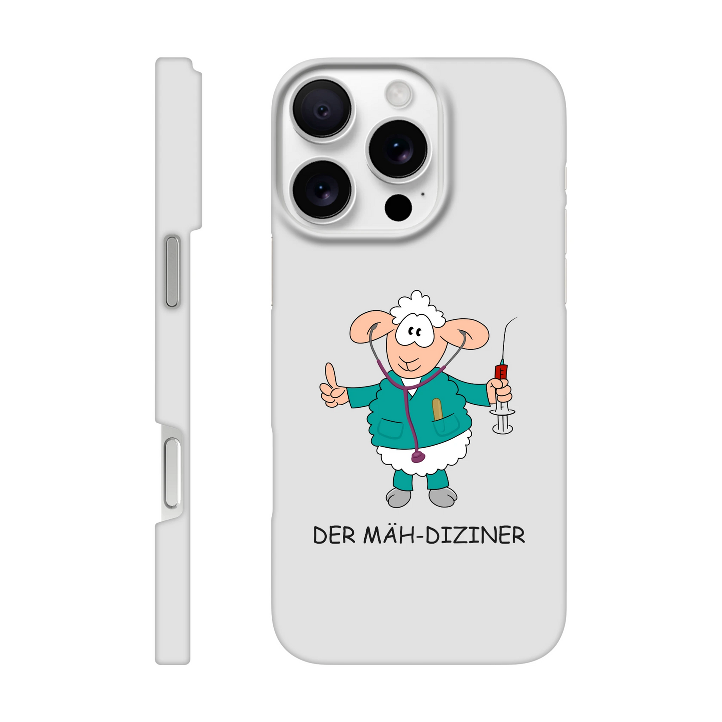 iPhone-Hülle, weiß mit diversen Ausschnitten passend zum ausgewählten Gerät. Aufgedruckt ist auf der Hülle der Cartoon "DER MÄH-DIZINER" von Antje Blumrodt Cartoons.