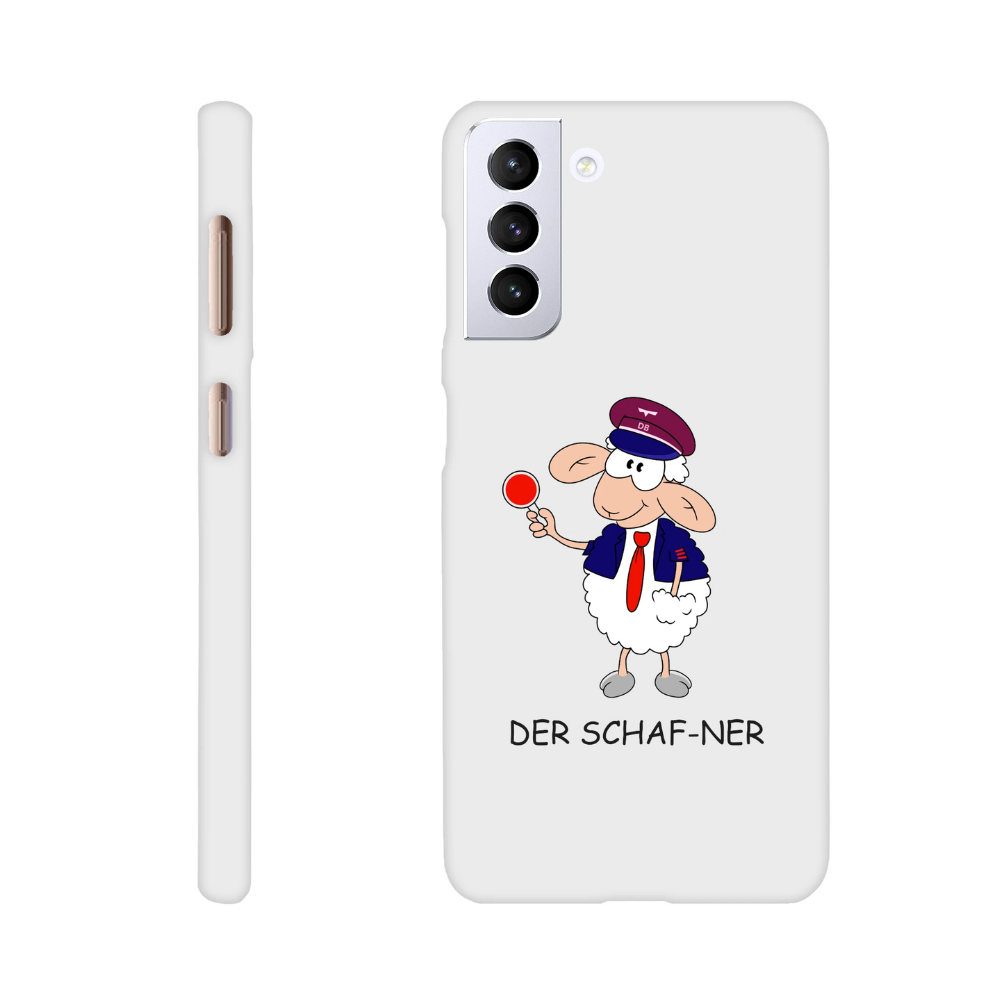Eine Hülle für Samsung-Galaxy, weiß mit diversen Ausschnitten passend zum ausgewählten Gerät. Aufgedruckt ist auf der Hülle der Cartoon "DER SCHAF-NER" von Antje Blumrodt Cartoons.
