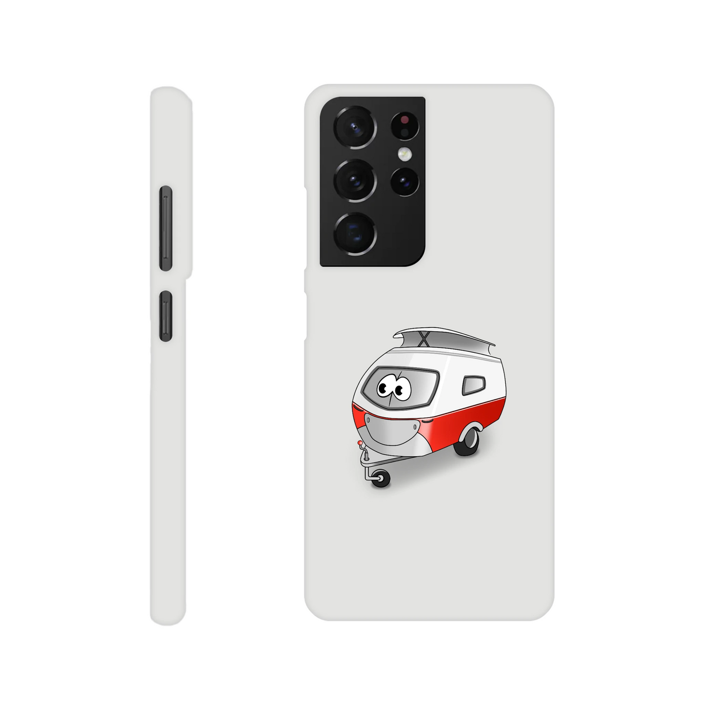 Eine Hülle für Samsung-Galaxy, weiß mit diversen Ausschnitten passend zum ausgewählten Gerät. Aufgedruckt ist auf der Hülle der Cartoon "Trollinchen" von Antje Blumrodt Cartoons.