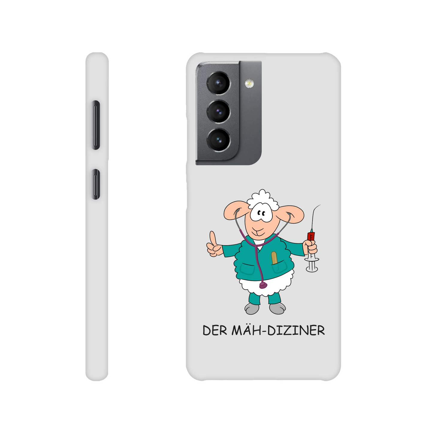 Eine Hülle für Samsung-Galaxy, weiß mit diversen Ausschnitten passend zum ausgewählten Gerät. Aufgedruckt ist auf der Hülle der Cartoon "DER MÄH-DIZINER von Antje Blumrodt Cartoons.