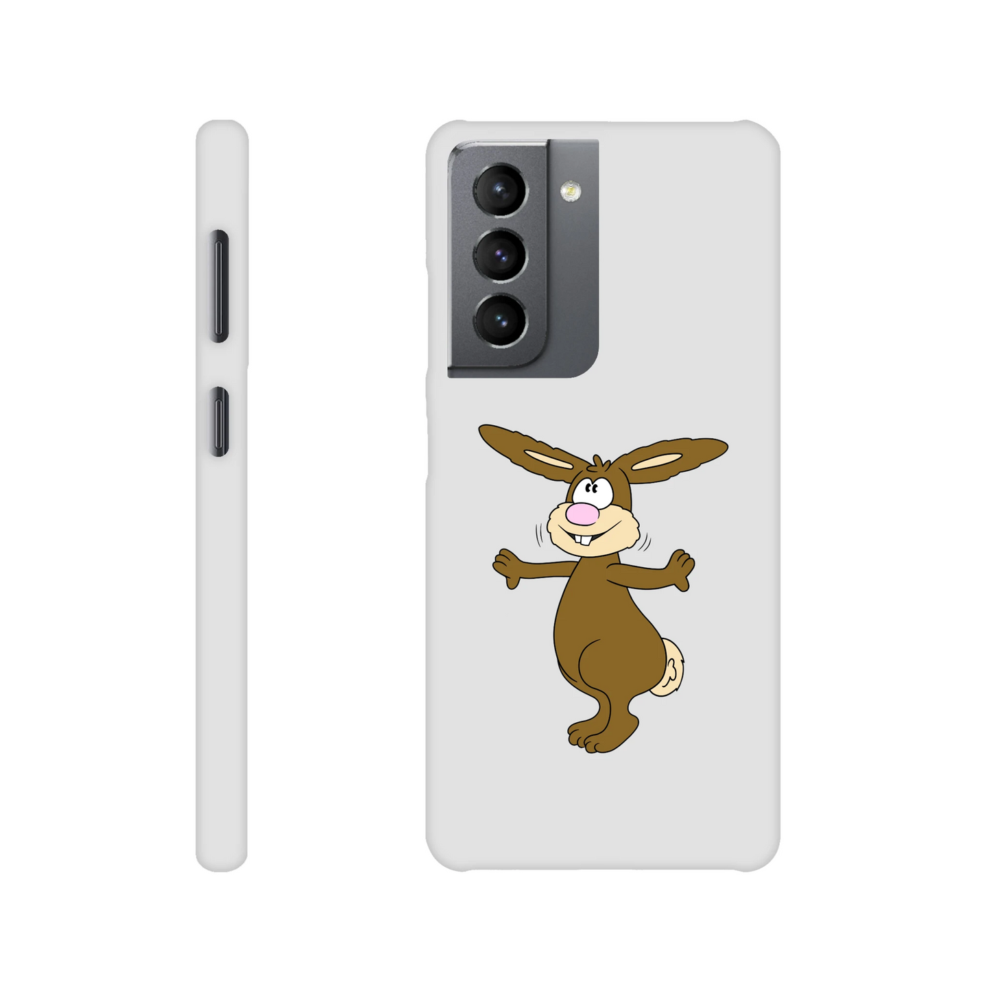 Eine Hülle für Samsung-Galaxy, weiß mit diversen Ausschnitten passend zum ausgewählten Gerät. Aufgedruckt ist auf der Hülle der Cartoon "Benny the Bunny" von Antje Blumrodt Cartoons.