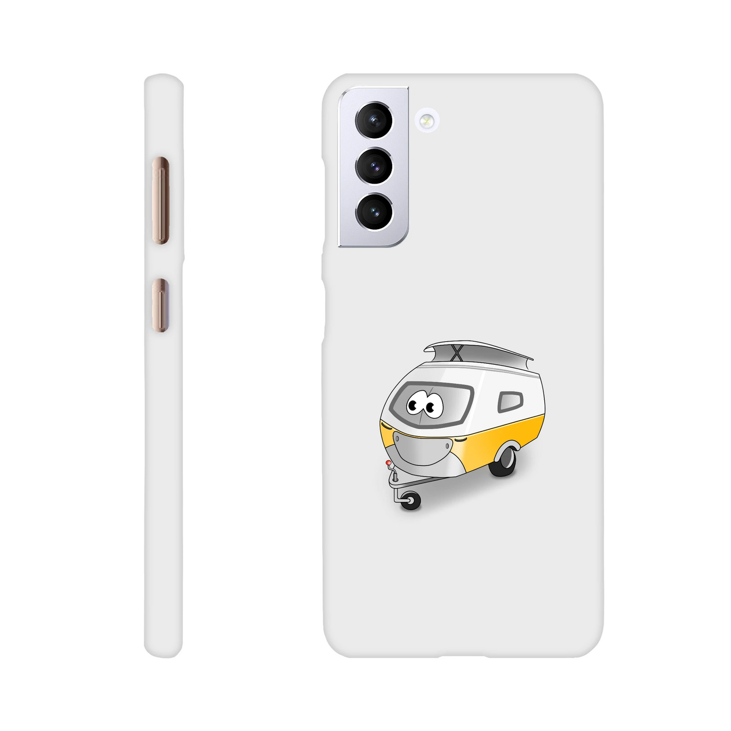 Eine Hülle für Samsung-Galaxy, weiß mit diversen Ausschnitten passend zum ausgewählten Gerät. Aufgedruckt ist auf der Hülle der Cartoon "Trollinchen" von Antje Blumrodt Cartoons.