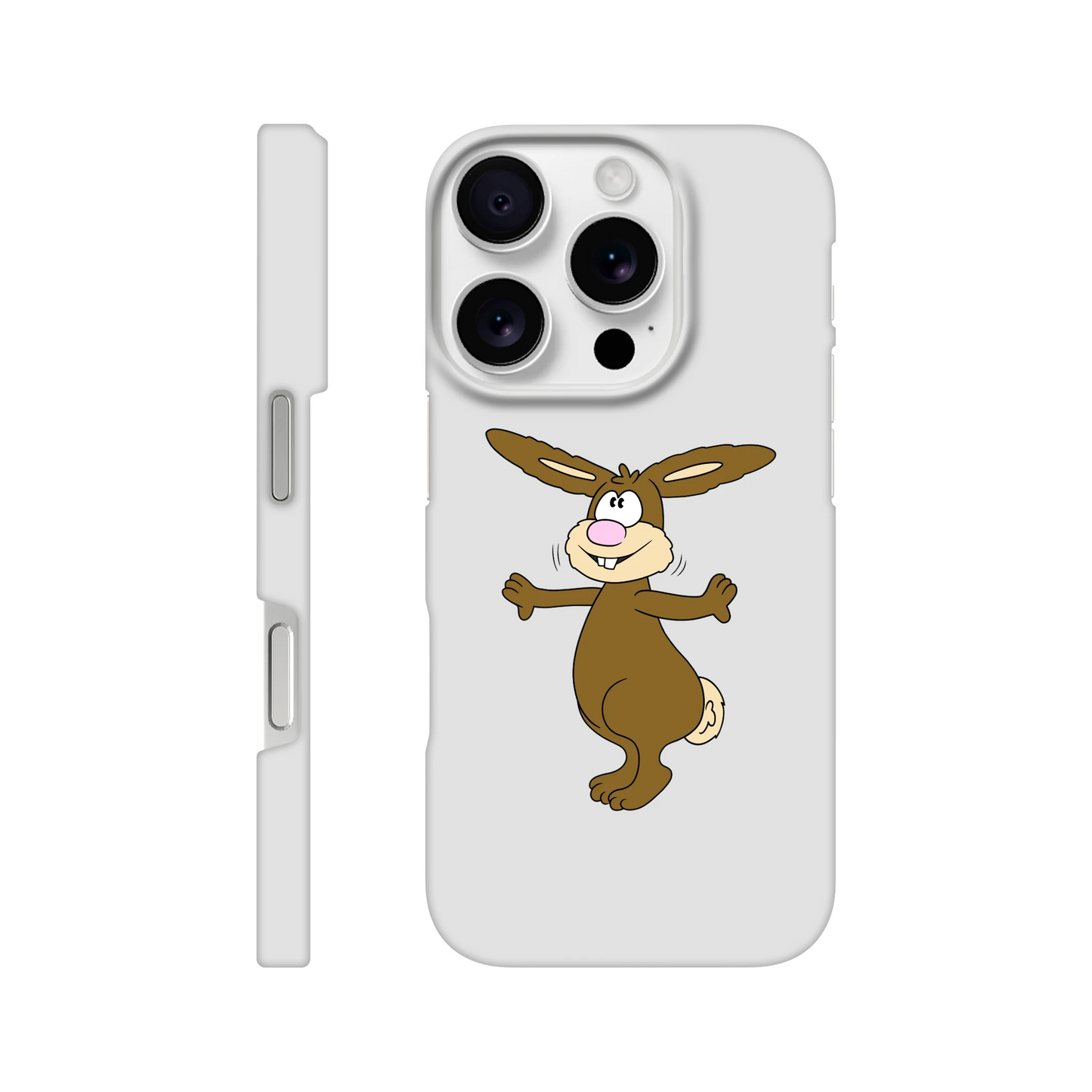 iPhone-Hülle, weiß mit diversen Ausschnitten passend zum ausgewählten Gerät. Aufgedruckt ist auf der Hülle der Cartoon "Benny the Bunny" von Antje Blumrodt Cartoons.