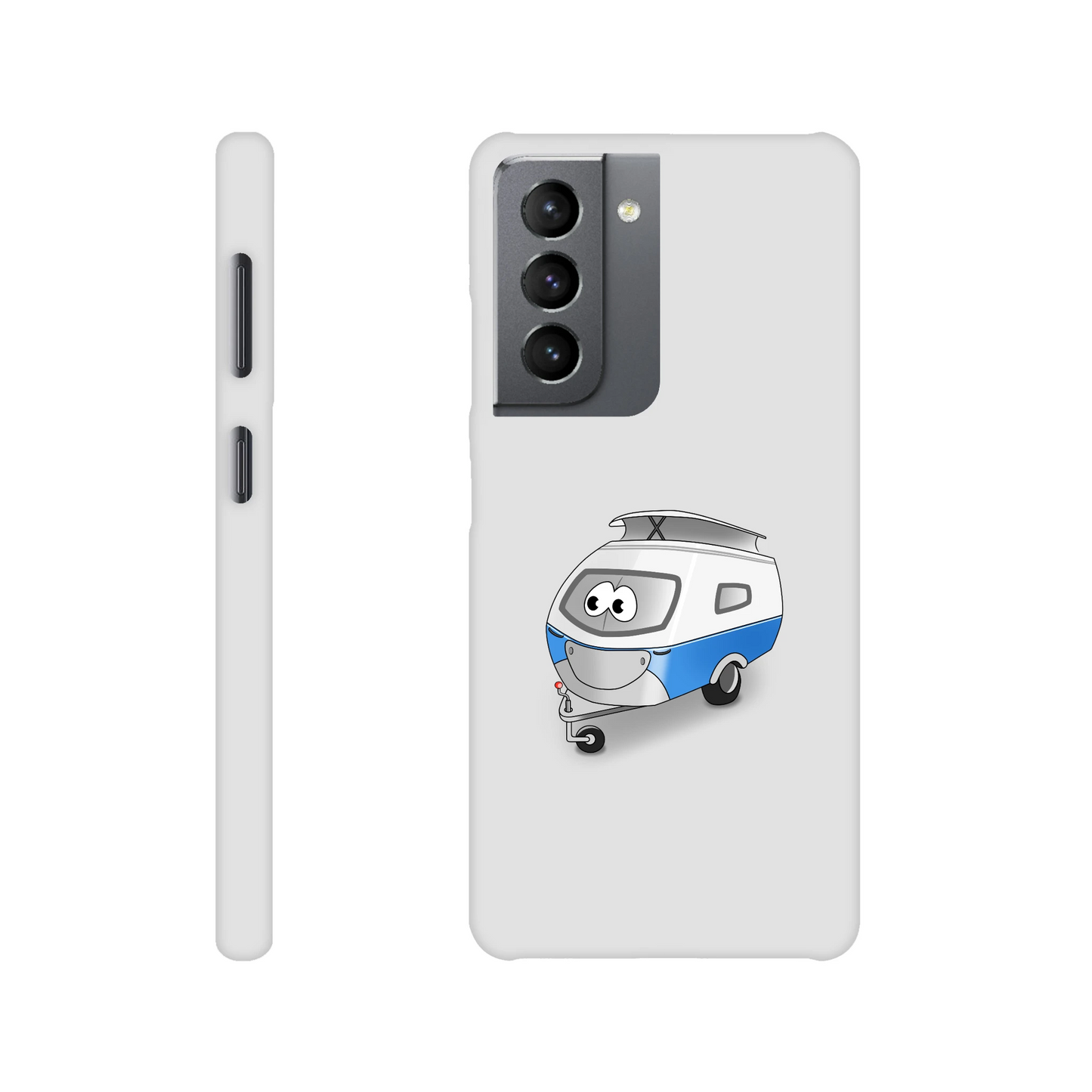Eine Hülle für Samsung-Galaxy, weiß mit diversen Ausschnitten passend zum ausgewählten Gerät. Aufgedruckt ist auf der Hülle der Cartoon "Trollinchen" von Antje Blumrodt Cartoons.