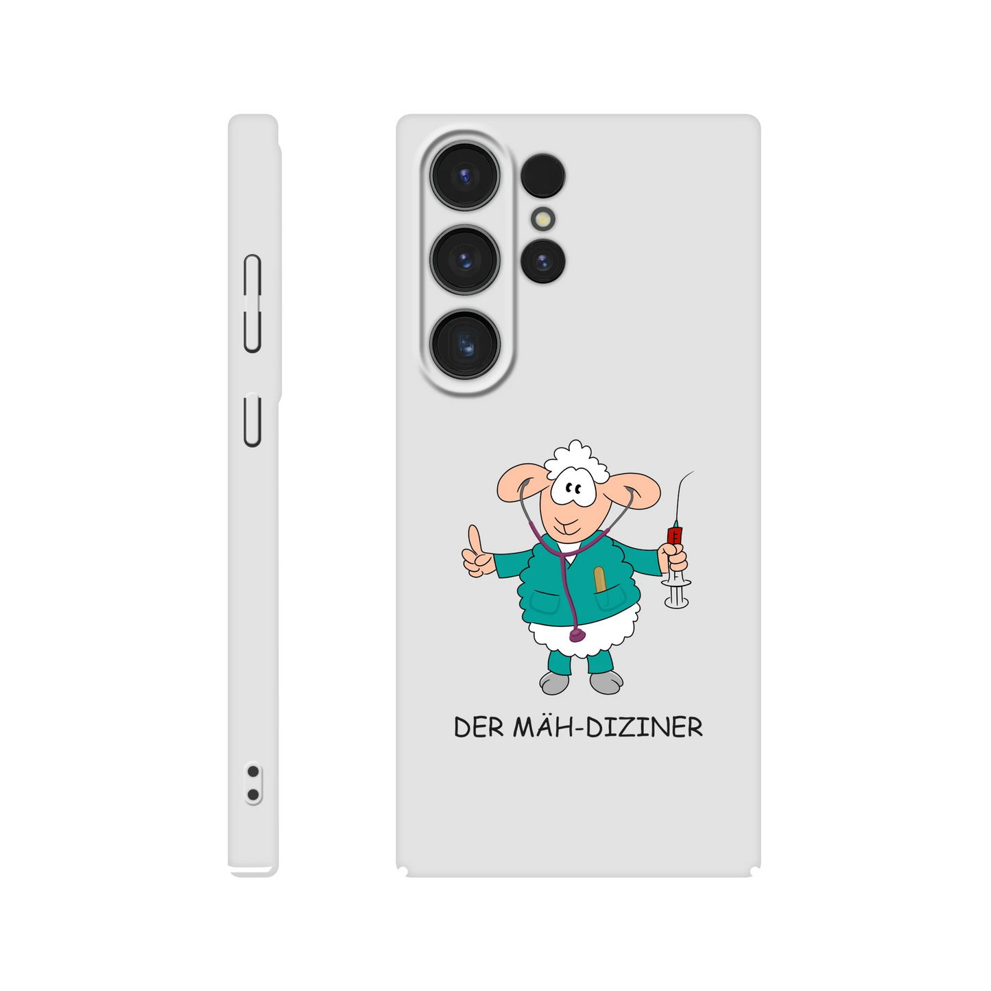 Eine Hülle für Samsung-Galaxy, weiß mit diversen Ausschnitten passend zum ausgewählten Gerät. Aufgedruckt ist auf der Hülle der Cartoon "DER MÄH-DIZINER von Antje Blumrodt Cartoons.