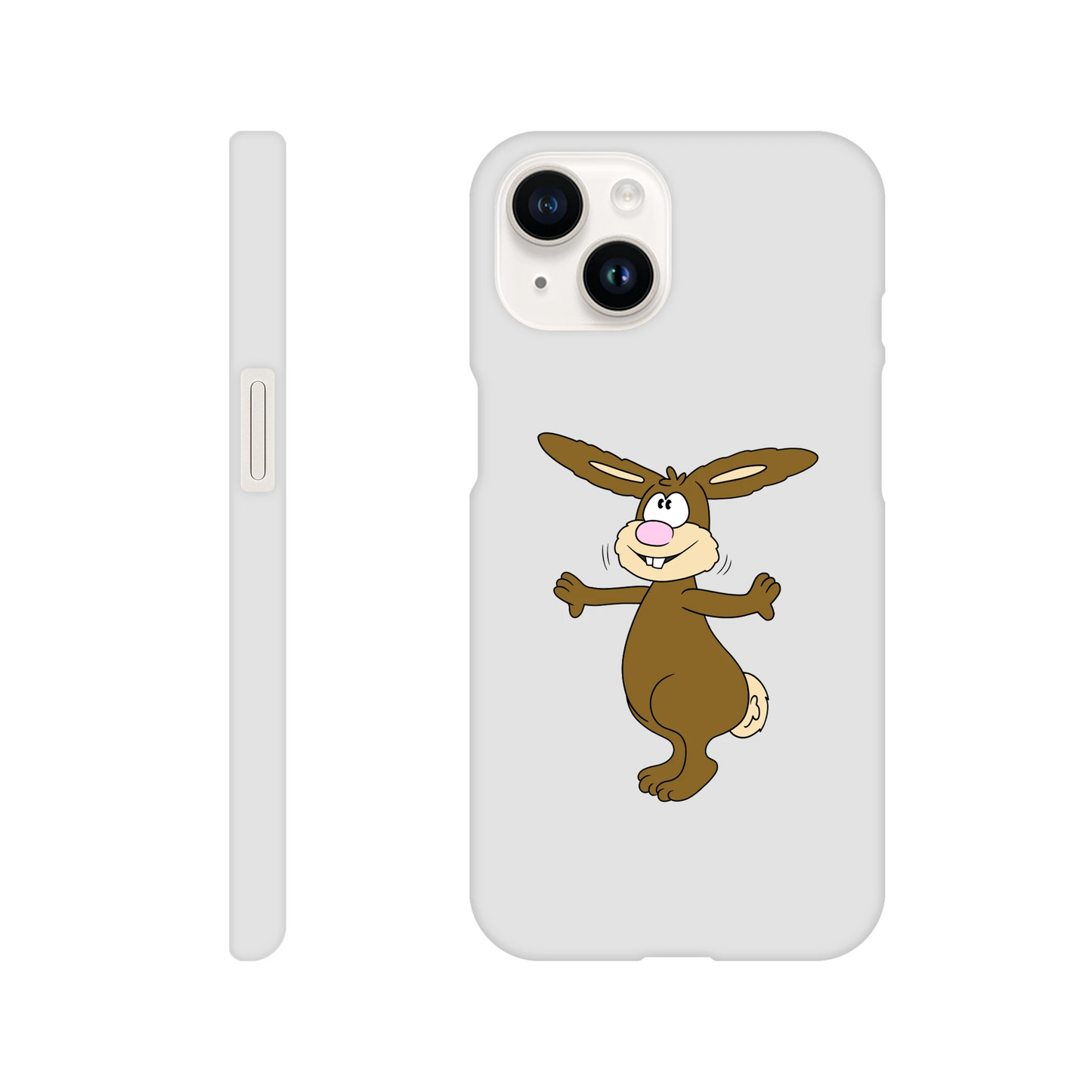 iPhone-Hülle, weiß mit diversen Ausschnitten passend zum ausgewählten Gerät. Aufgedruckt ist auf der Hülle der Cartoon "Benny the Bunny" von Antje Blumrodt Cartoons.