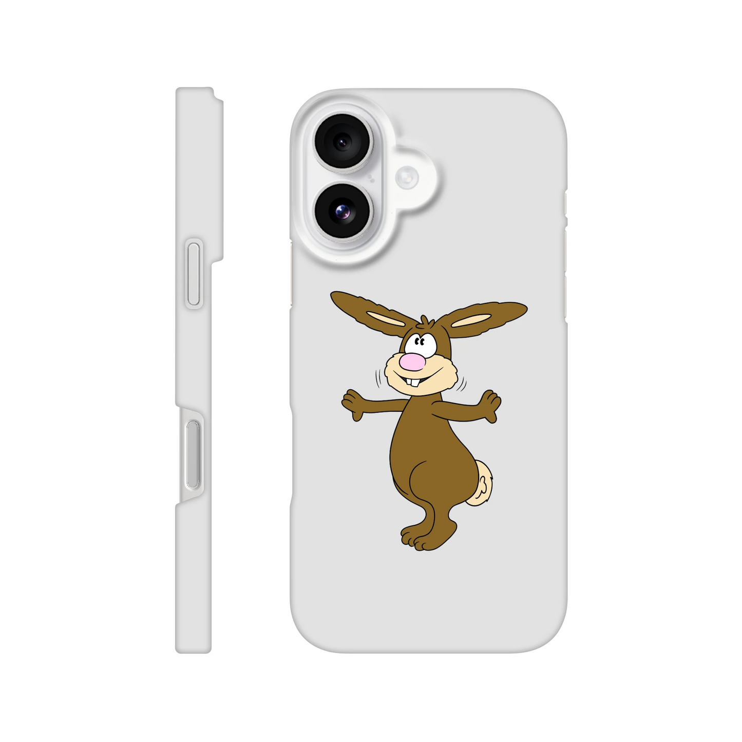 iPhone-Hülle, weiß mit diversen Ausschnitten passend zum ausgewählten Gerät. Aufgedruckt ist auf der Hülle der Cartoon "Benny the Bunny" von Antje Blumrodt Cartoons.