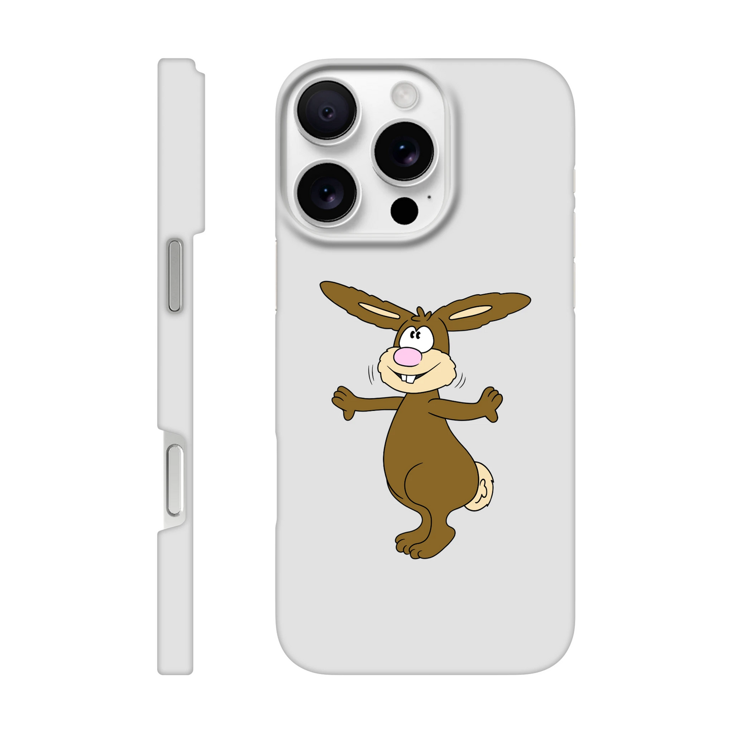 iPhone-Hülle, weiß mit diversen Ausschnitten passend zum ausgewählten Gerät. Aufgedruckt ist auf der Hülle der Cartoon "Benny the Bunny" von Antje Blumrodt Cartoons.