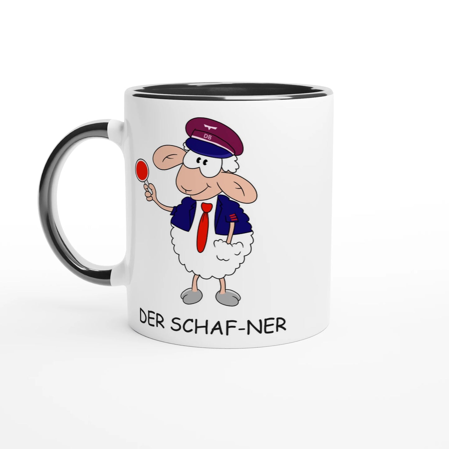 Das Bild zeigt eine Beispielaufnahme von dem Becher mit dem aufgedruckten Cartoon "Der Schaf-ner".