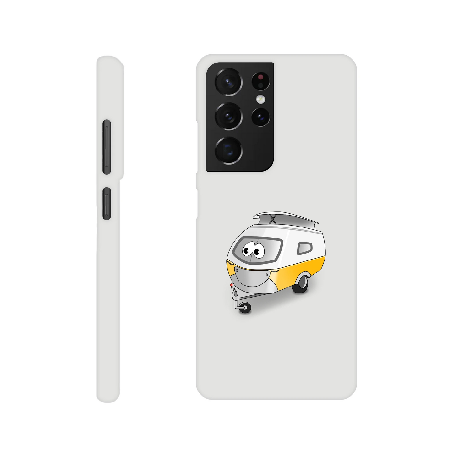 Eine Hülle für Samsung-Galaxy, weiß mit diversen Ausschnitten passend zum ausgewählten Gerät. Aufgedruckt ist auf der Hülle der Cartoon "Trollinchen" von Antje Blumrodt Cartoons.
