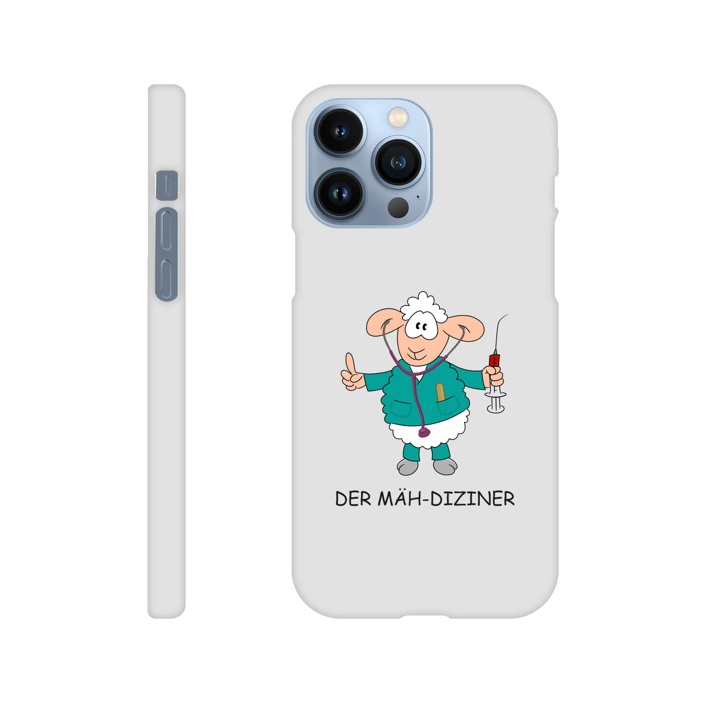 iPhone-Hülle, weiß mit diversen Ausschnitten passend zum ausgewählten Gerät. Aufgedruckt ist auf der Hülle der Cartoon "DER MÄH-DIZINER" von Antje Blumrodt Cartoons.