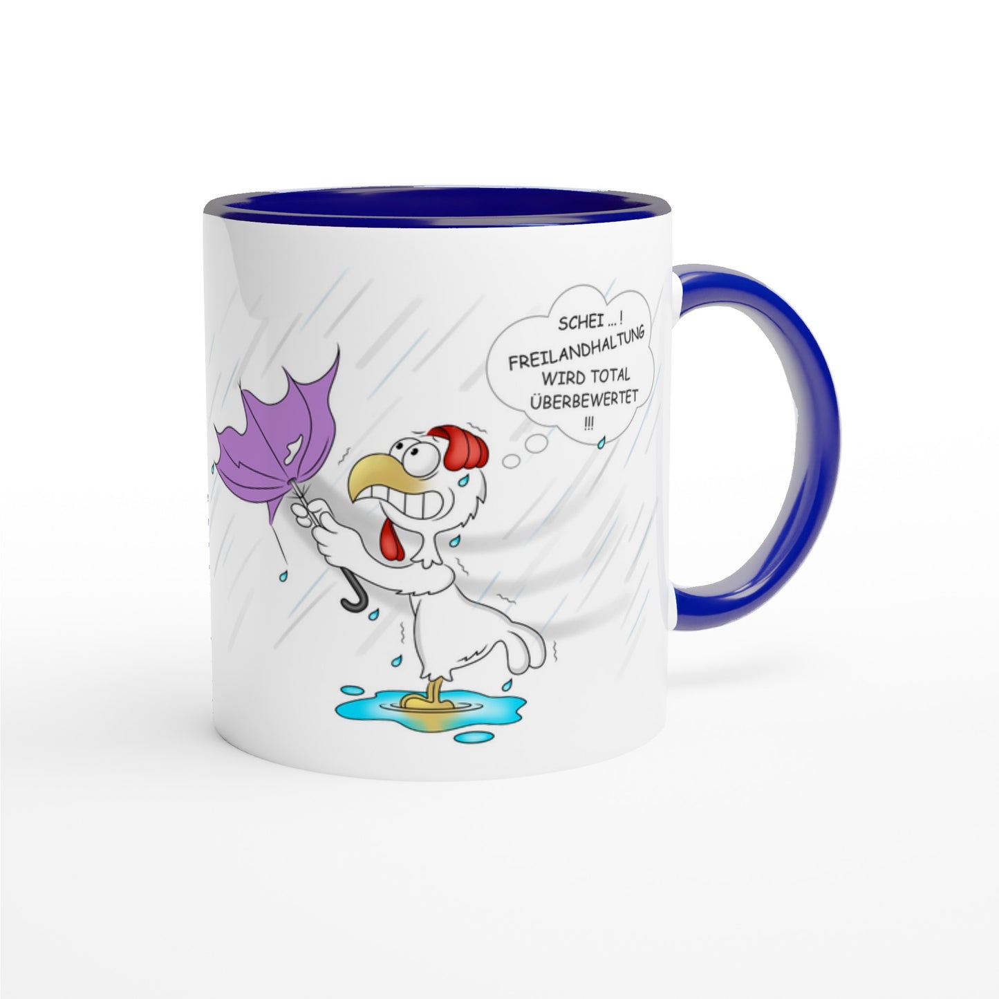Das Bild zeigt eine Beispielaufnahme von dem Becher mit dem aufgedruckten Cartoon "Freilandhaltung“.