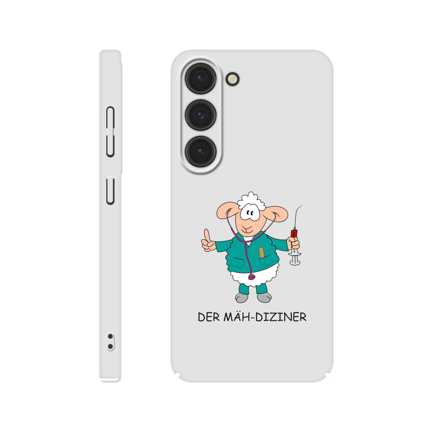 Eine Hülle für Samsung-Galaxy, weiß mit diversen Ausschnitten passend zum ausgewählten Gerät. Aufgedruckt ist auf der Hülle der Cartoon "DER MÄH-DIZINER von Antje Blumrodt Cartoons.
