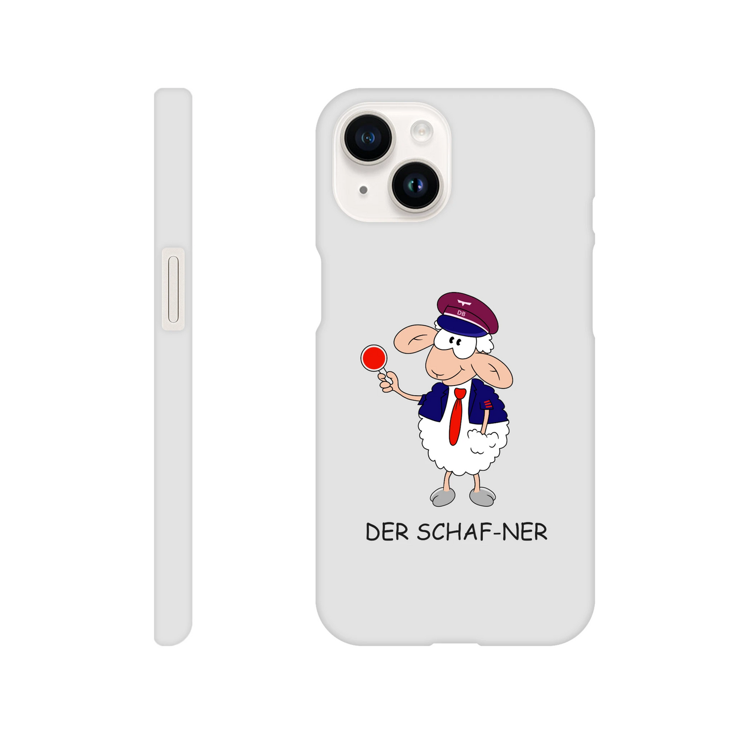 iPhone-Hülle, weiß mit diversen Ausschnitten passend zum ausgewählten Gerät. Aufgedruckt ist auf der Hülle der Cartoon "DER SCHAF-NER" von Antje Blumrodt Cartoons.