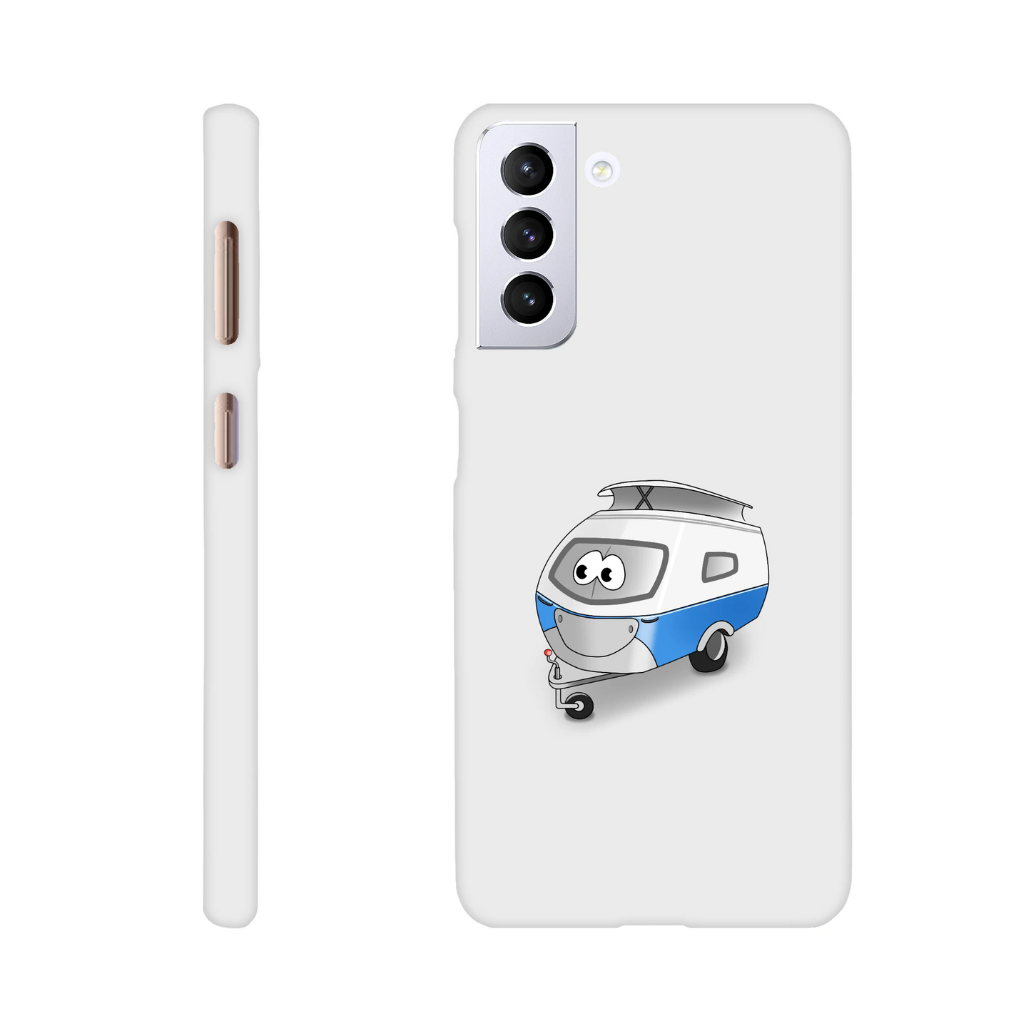 Eine Hülle für Samsung-Galaxy, weiß mit diversen Ausschnitten passend zum ausgewählten Gerät. Aufgedruckt ist auf der Hülle der Cartoon "Trollinchen" von Antje Blumrodt Cartoons.