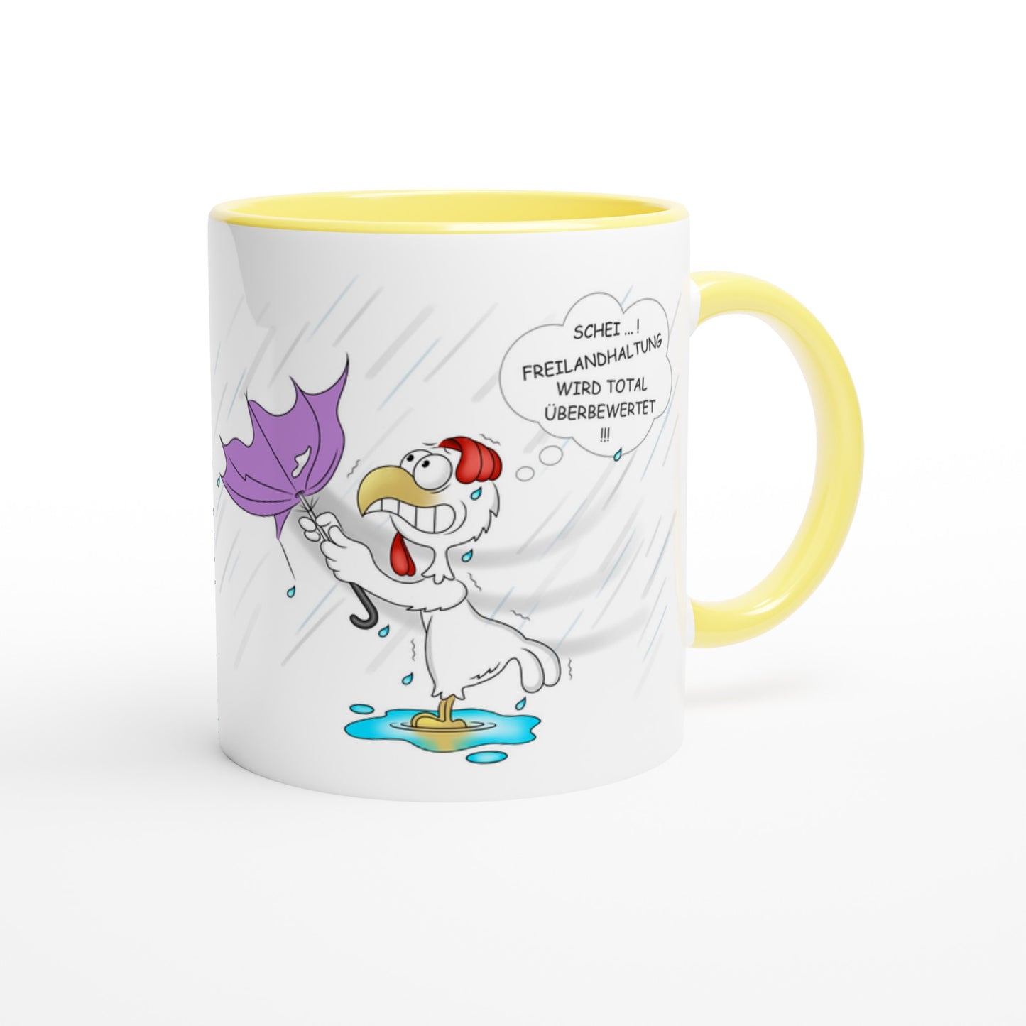 Das Bild zeigt eine Beispielaufnahme von dem Becher mit dem aufgedruckten Cartoon "Freilandhaltung“.