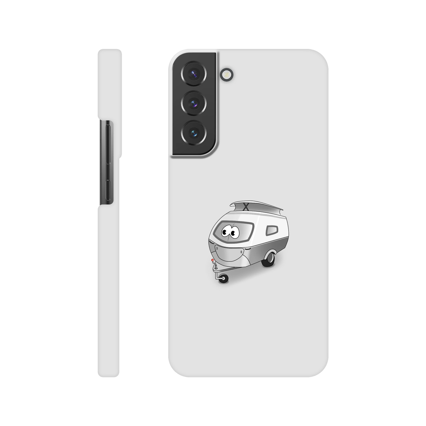 Eine Hülle für Samsung-Galaxy, weiß mit diversen Ausschnitten passend zum ausgewählten Gerät. Aufgedruckt ist auf der Hülle der Cartoon "Trollinchen" von Antje Blumrodt Cartoons.