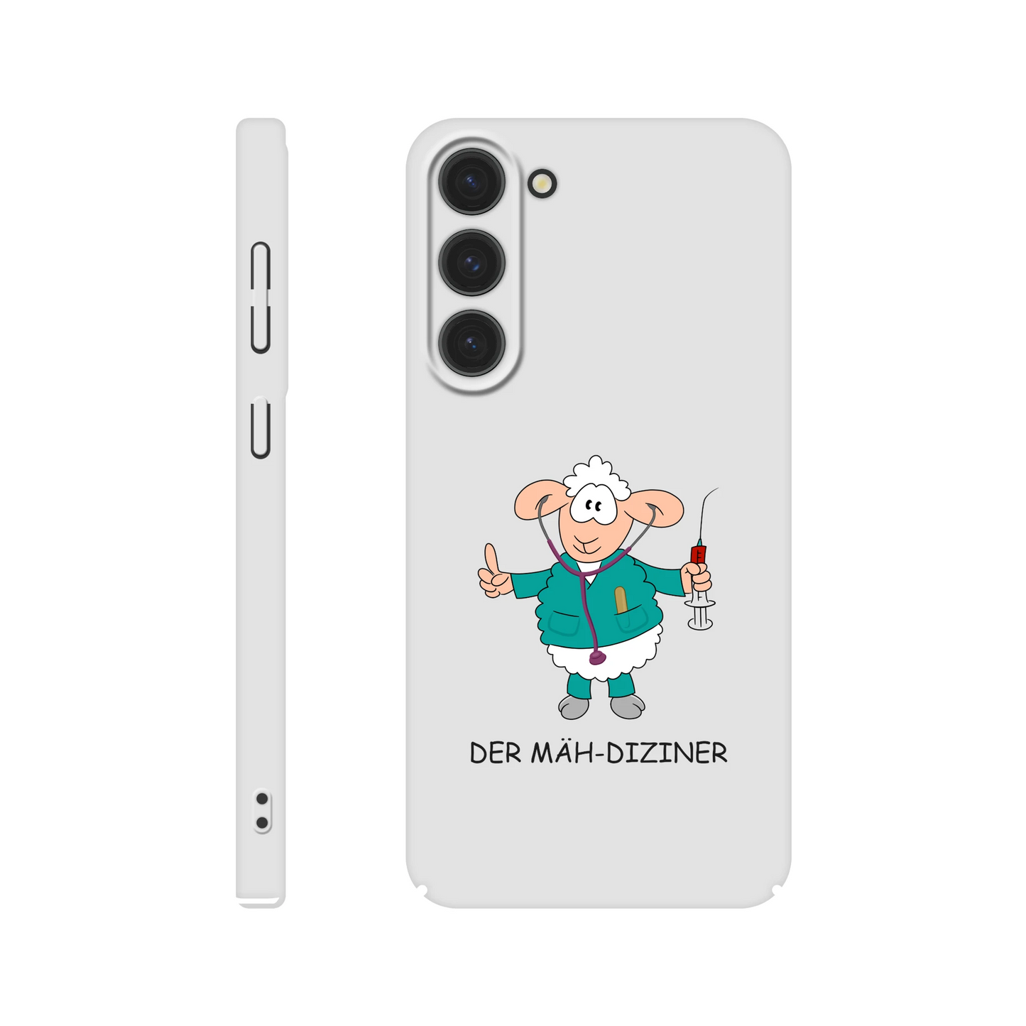 Eine Hülle für Samsung-Galaxy, weiß mit diversen Ausschnitten passend zum ausgewählten Gerät. Aufgedruckt ist auf der Hülle der Cartoon "DER MÄH-DIZINER von Antje Blumrodt Cartoons.