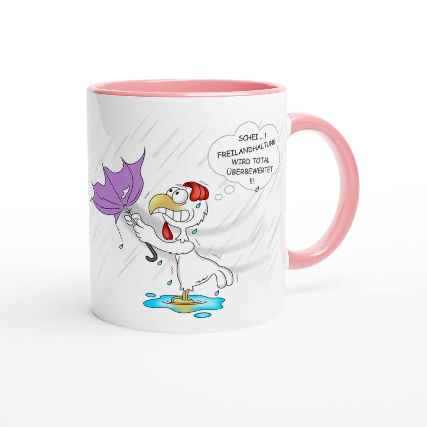 Das Bild zeigt eine Beispielaufnahme von dem Becher mit dem aufgedruckten Cartoon "Freilandhaltung“.