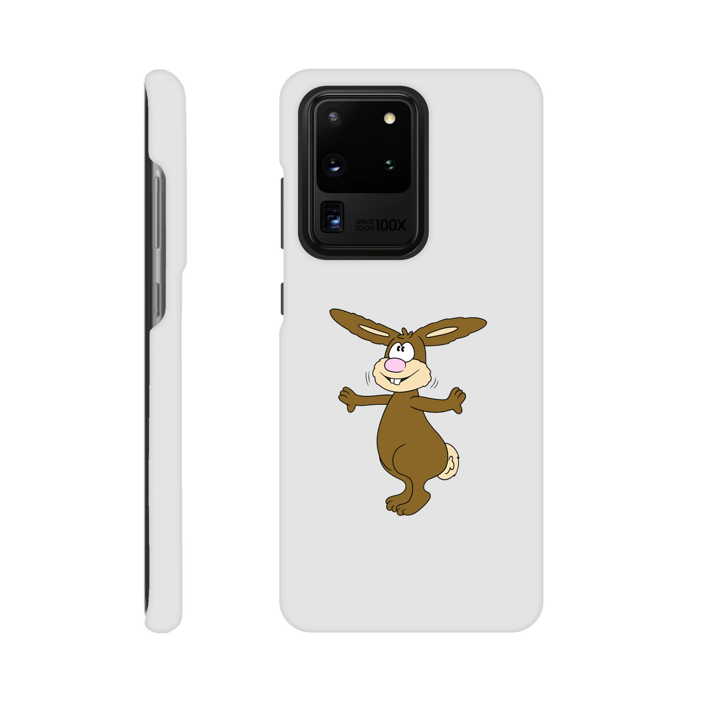 Eine Hülle für Samsung-Galaxy, weiß mit diversen Ausschnitten passend zum ausgewählten Gerät. Aufgedruckt ist auf der Hülle der Cartoon "Benny the Bunny" von Antje Blumrodt Cartoons.