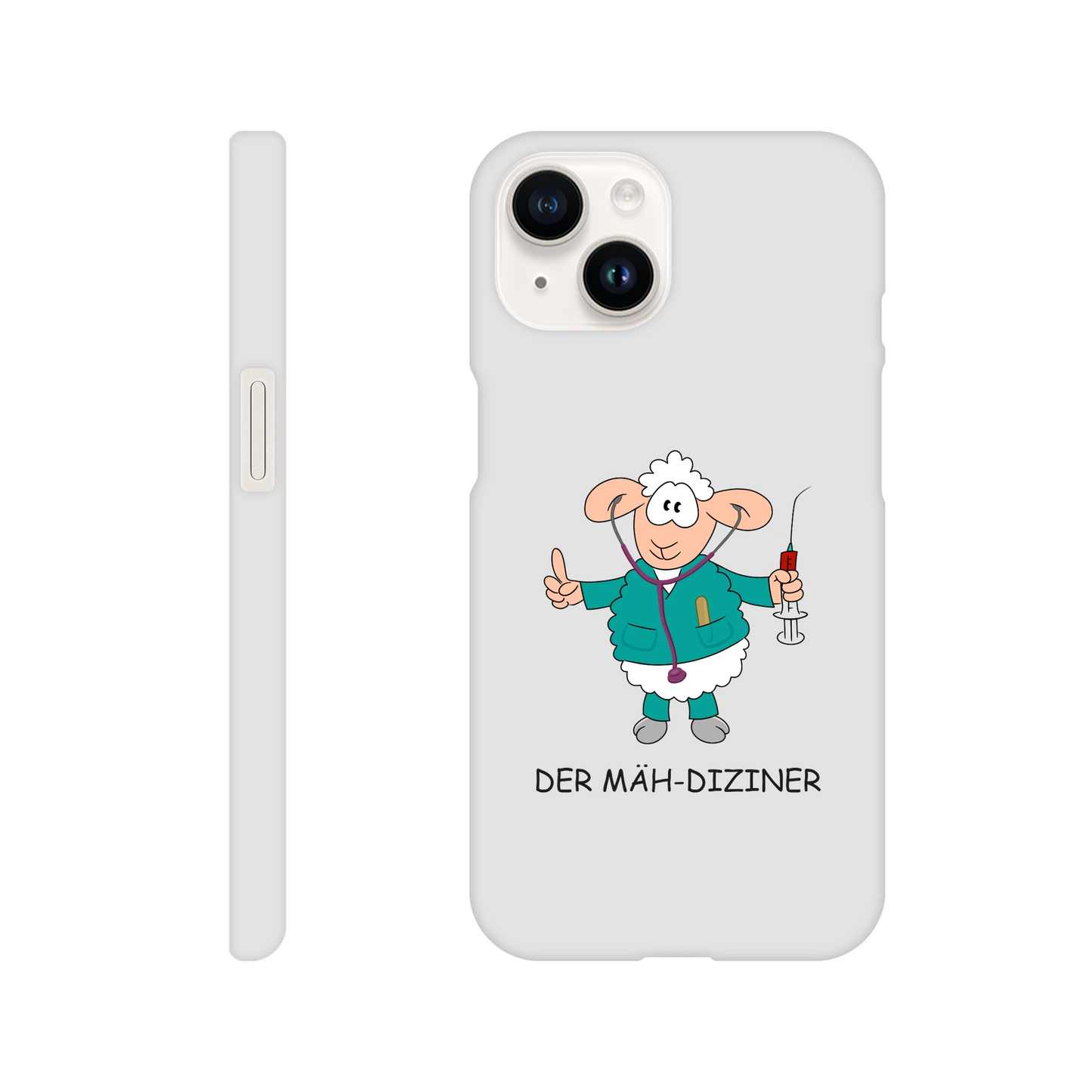 iPhone-Hülle, weiß mit diversen Ausschnitten passend zum ausgewählten Gerät. Aufgedruckt ist auf der Hülle der Cartoon "DER MÄH-DIZINER" von Antje Blumrodt Cartoons.