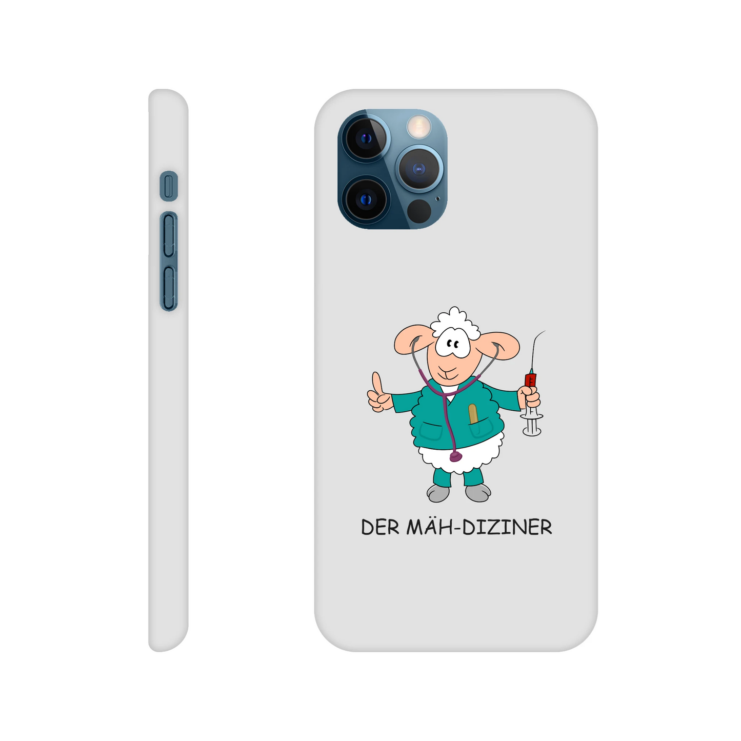 iPhone-Hülle, weiß mit diversen Ausschnitten passend zum ausgewählten Gerät. Aufgedruckt ist auf der Hülle der Cartoon "DER MÄH-DIZINER" von Antje Blumrodt Cartoons.