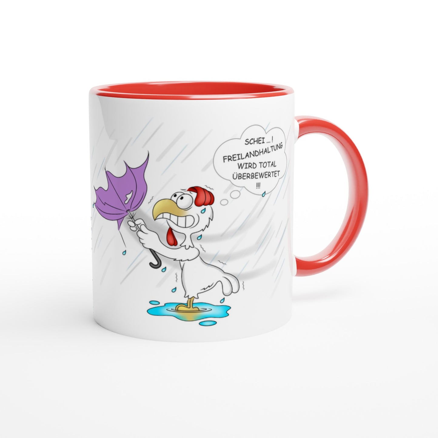 Das Bild zeigt eine Beispielaufnahme von dem Becher mit dem aufgedruckten Cartoon "Freilandhaltung“.