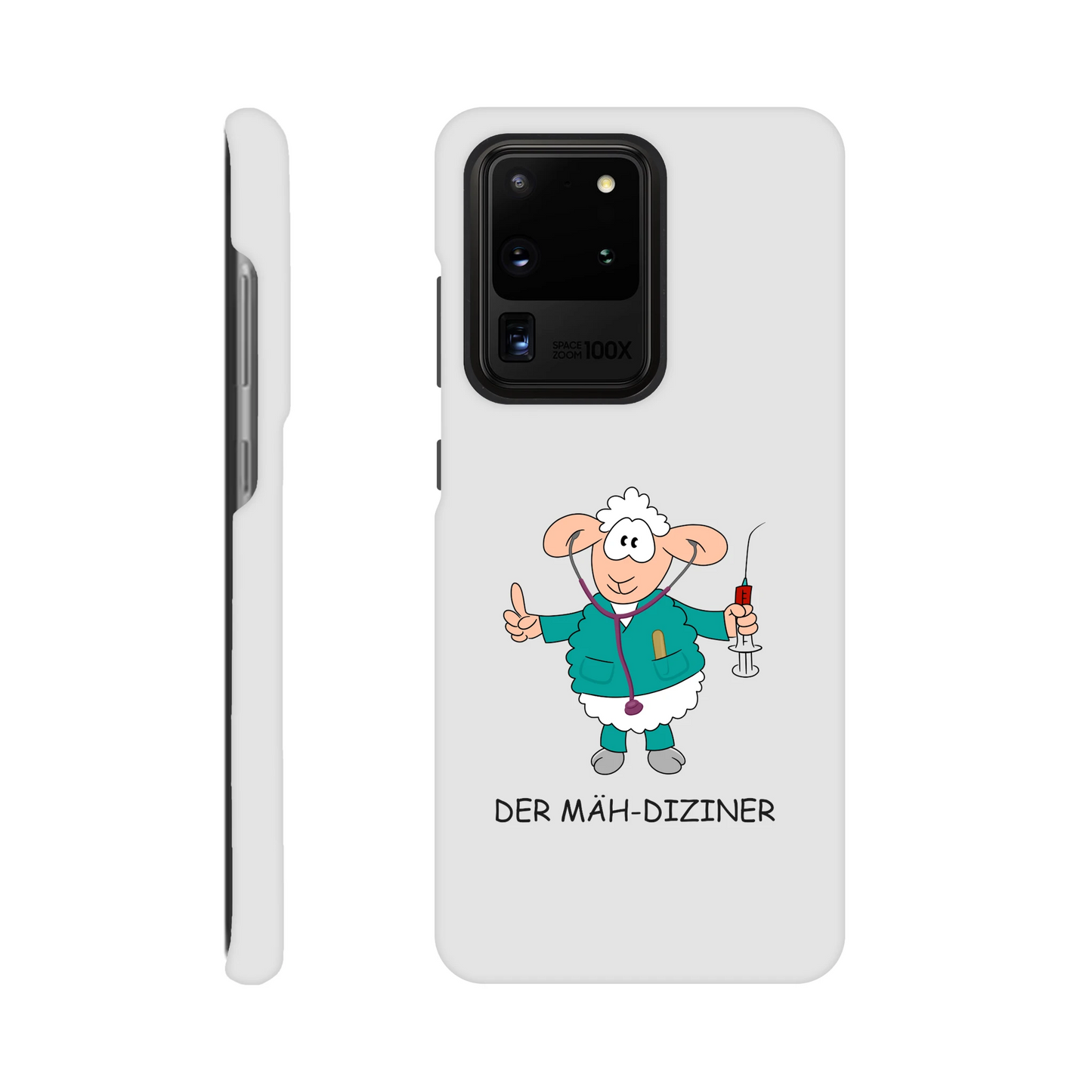 Eine Hülle für Samsung-Galaxy, weiß mit diversen Ausschnitten passend zum ausgewählten Gerät. Aufgedruckt ist auf der Hülle der Cartoon "DER MÄH-DIZINER von Antje Blumrodt Cartoons.