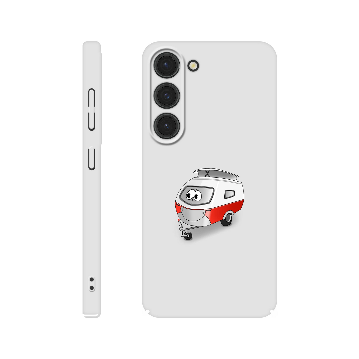 Eine Hülle für Samsung-Galaxy, weiß mit diversen Ausschnitten passend zum ausgewählten Gerät. Aufgedruckt ist auf der Hülle der Cartoon "Trollinchen" von Antje Blumrodt Cartoons.