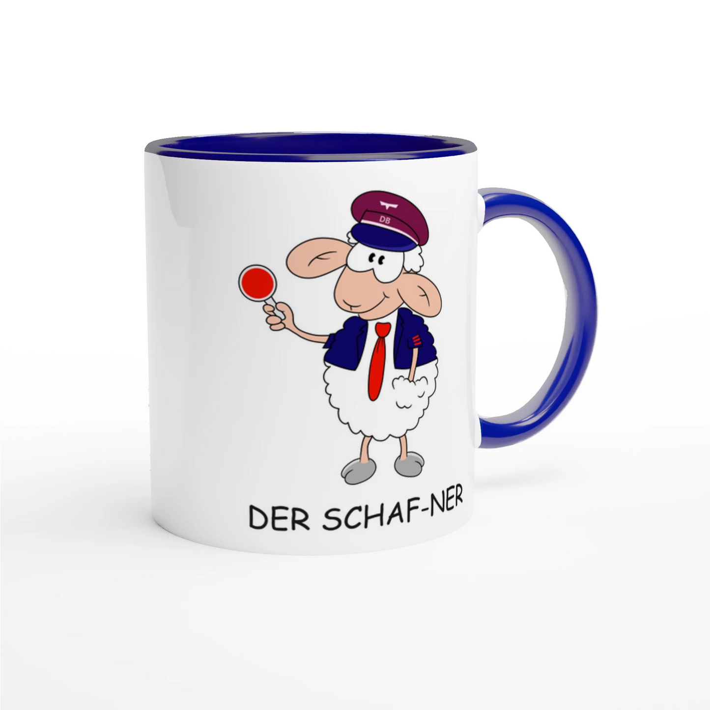 Das Bild zeigt eine Beispielaufnahme von dem Becher mit dem aufgedruckten Cartoon "Der Schaf-ner".