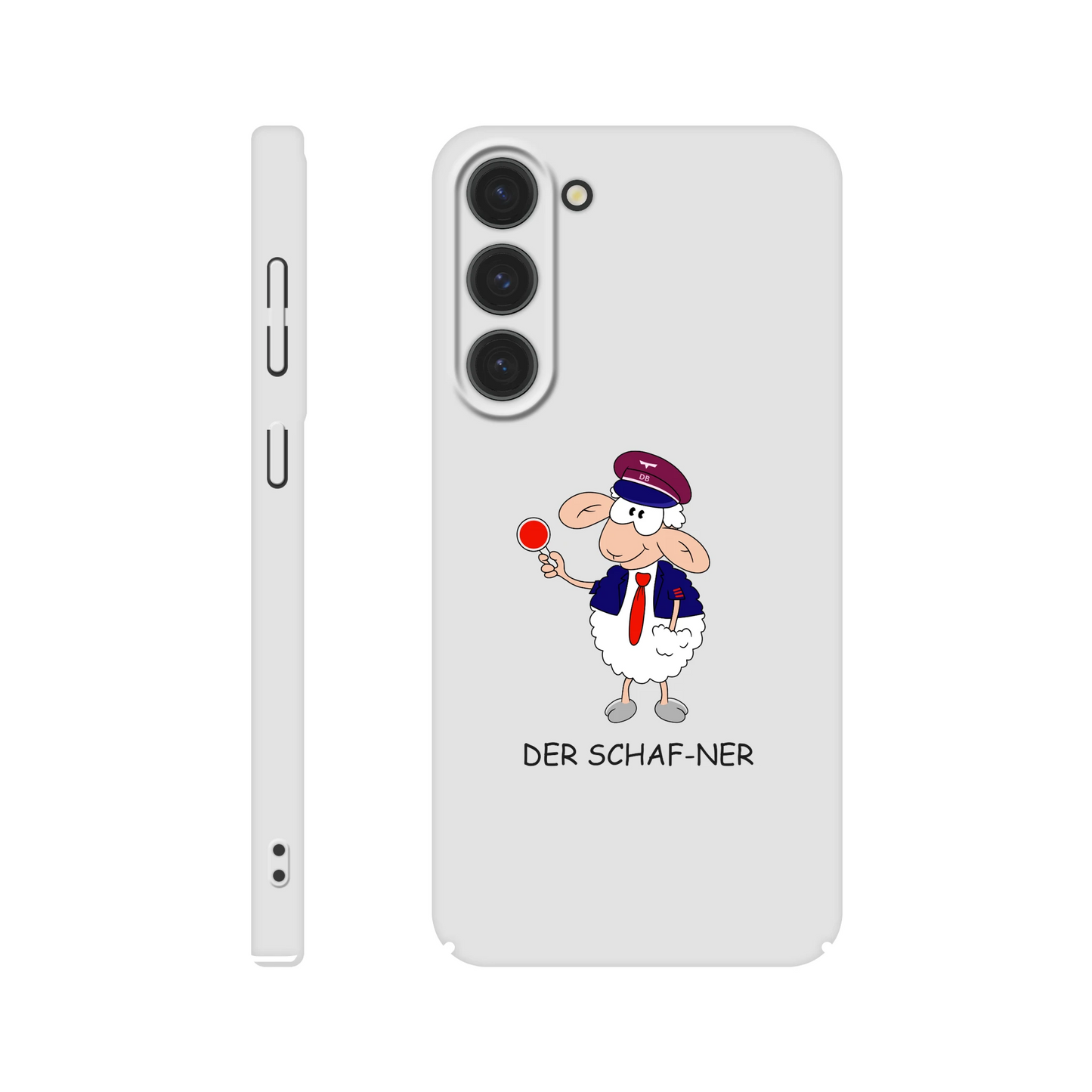 Eine Hülle für Samsung-Galaxy, weiß mit diversen Ausschnitten passend zum ausgewählten Gerät. Aufgedruckt ist auf der Hülle der Cartoon "DER SCHAF-NER" von Antje Blumrodt Cartoons.