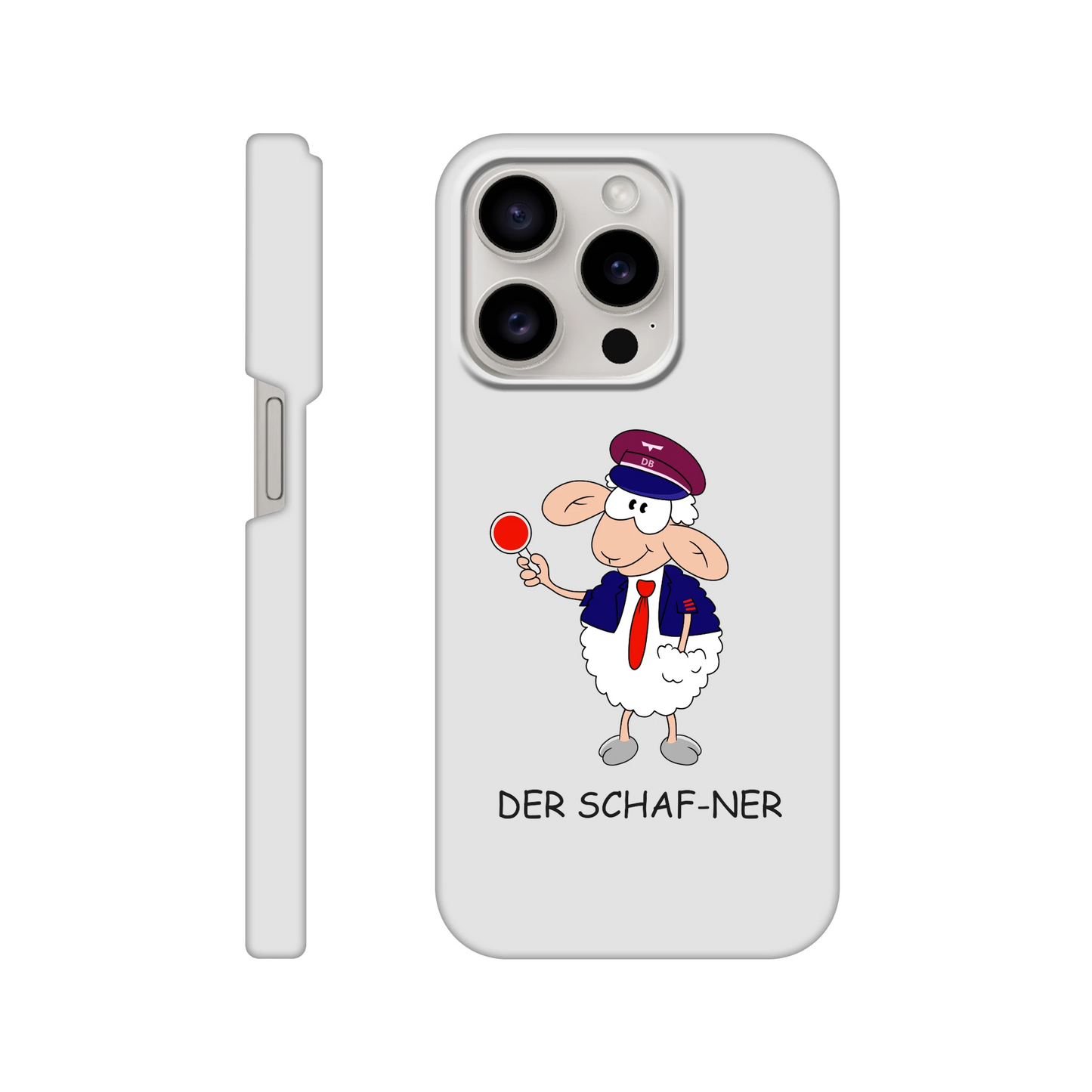 iPhone-Hülle, weiß mit diversen Ausschnitten passend zum ausgewählten Gerät. Aufgedruckt ist auf der Hülle der Cartoon "DER SCHAF-NER" von Antje Blumrodt Cartoons.