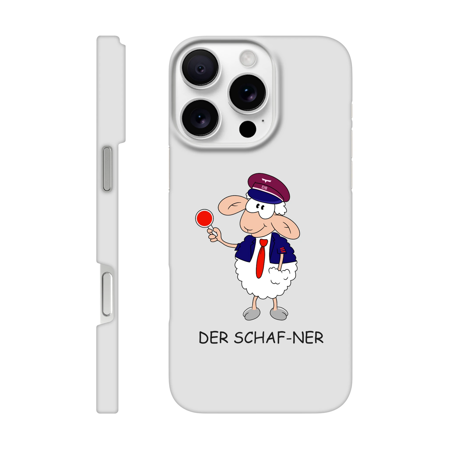 iPhone-Hülle, weiß mit diversen Ausschnitten passend zum ausgewählten Gerät. Aufgedruckt ist auf der Hülle der Cartoon "DER SCHAF-NER" von Antje Blumrodt Cartoons.