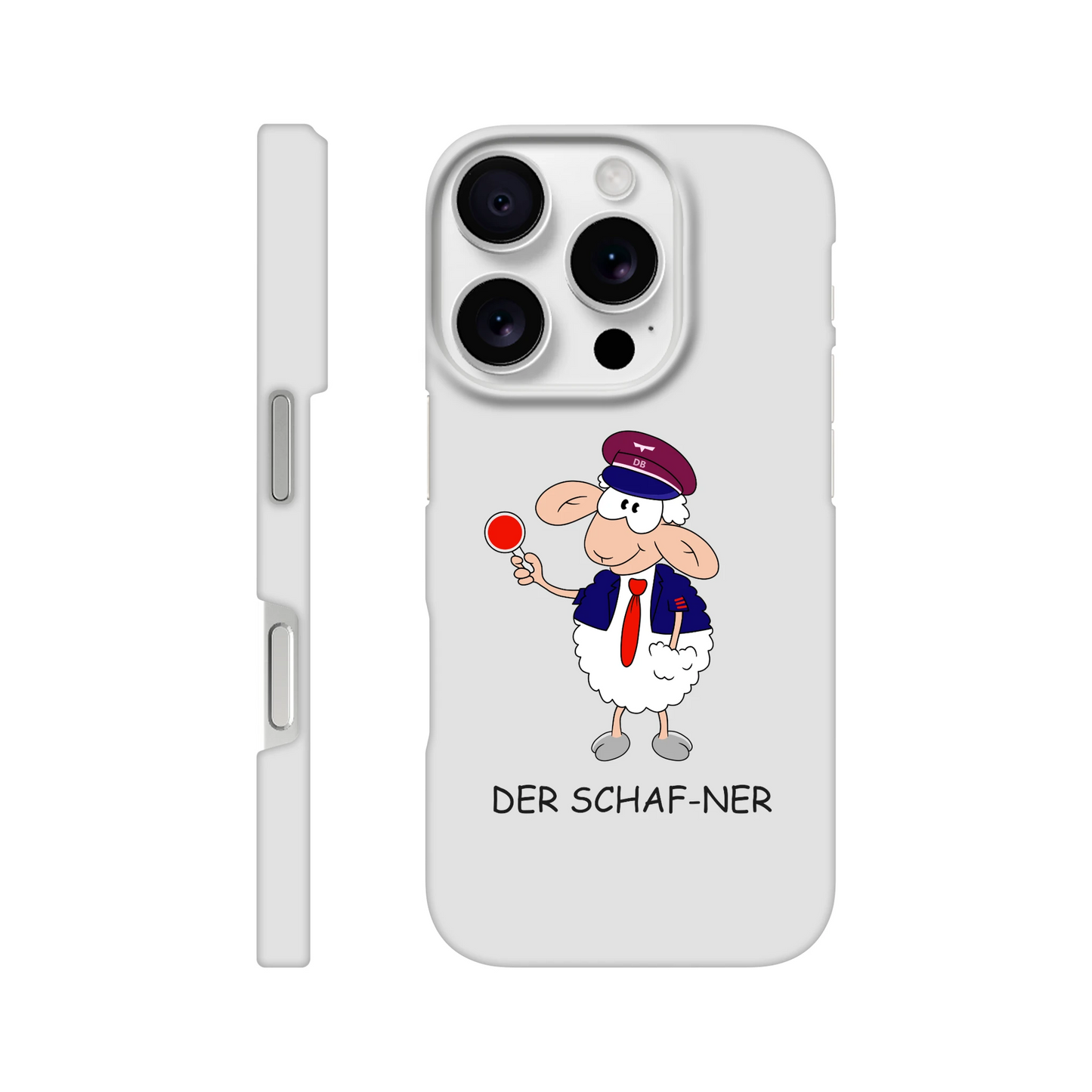 iPhone-Hülle, weiß mit diversen Ausschnitten passend zum ausgewählten Gerät. Aufgedruckt ist auf der Hülle der Cartoon "DER SCHAF-NER" von Antje Blumrodt Cartoons.