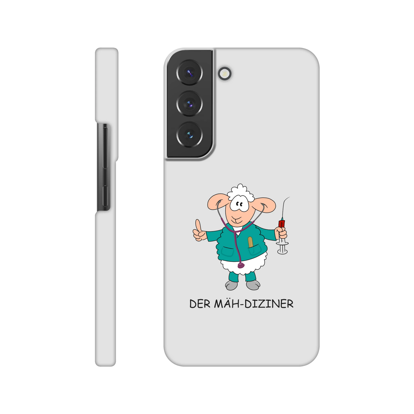 Eine Hülle für Samsung-Galaxy, weiß mit diversen Ausschnitten passend zum ausgewählten Gerät. Aufgedruckt ist auf der Hülle der Cartoon "DER MÄH-DIZINER von Antje Blumrodt Cartoons.