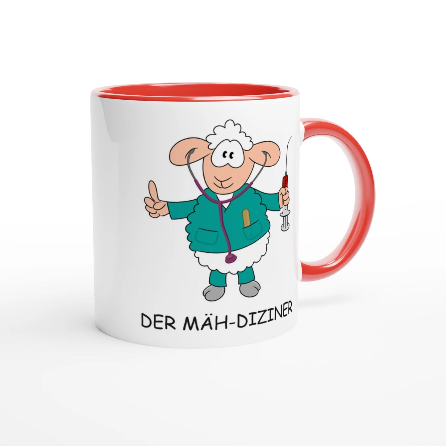 Das Bild zeigt eine Beispielaufnahme von dem Becher mit dem aufgedruckten Cartoon "Der Mäh-diziner".
