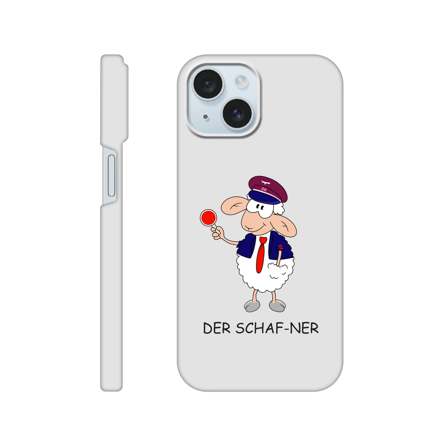 iPhone-Hülle, weiß mit diversen Ausschnitten passend zum ausgewählten Gerät. Aufgedruckt ist auf der Hülle der Cartoon "DER SCHAF-NER" von Antje Blumrodt Cartoons.
