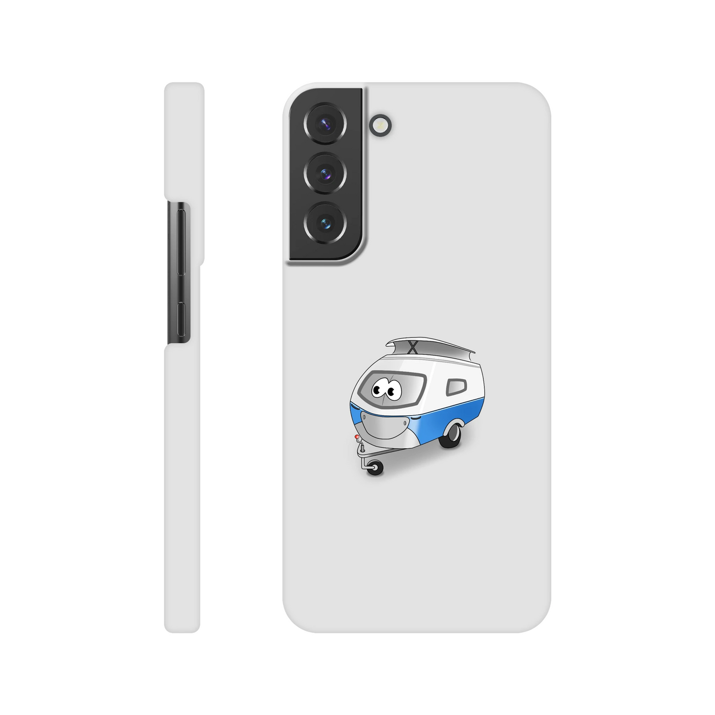 Eine Hülle für Samsung-Galaxy, weiß mit diversen Ausschnitten passend zum ausgewählten Gerät. Aufgedruckt ist auf der Hülle der Cartoon "Trollinchen" von Antje Blumrodt Cartoons.