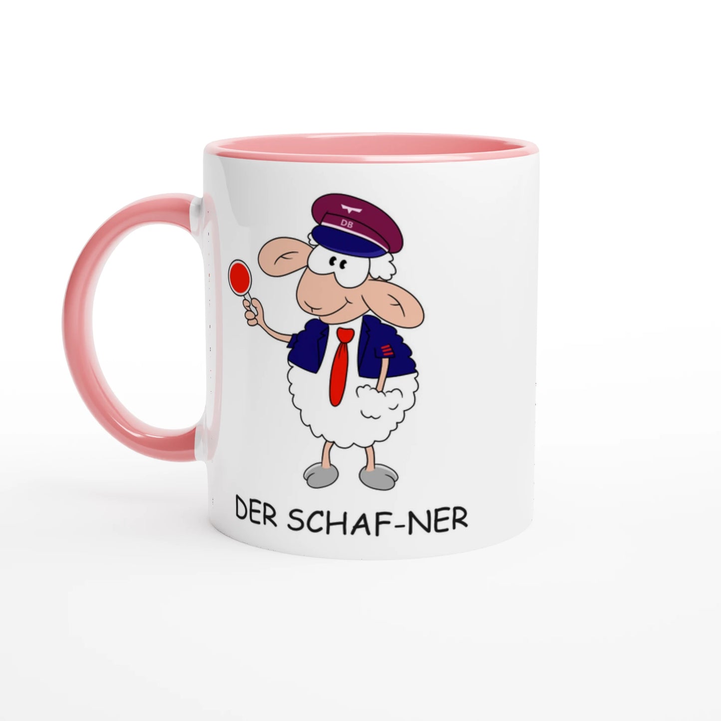 Das Bild zeigt eine Beispielaufnahme von dem Becher mit dem aufgedruckten Cartoon "Der Schaf-ner".