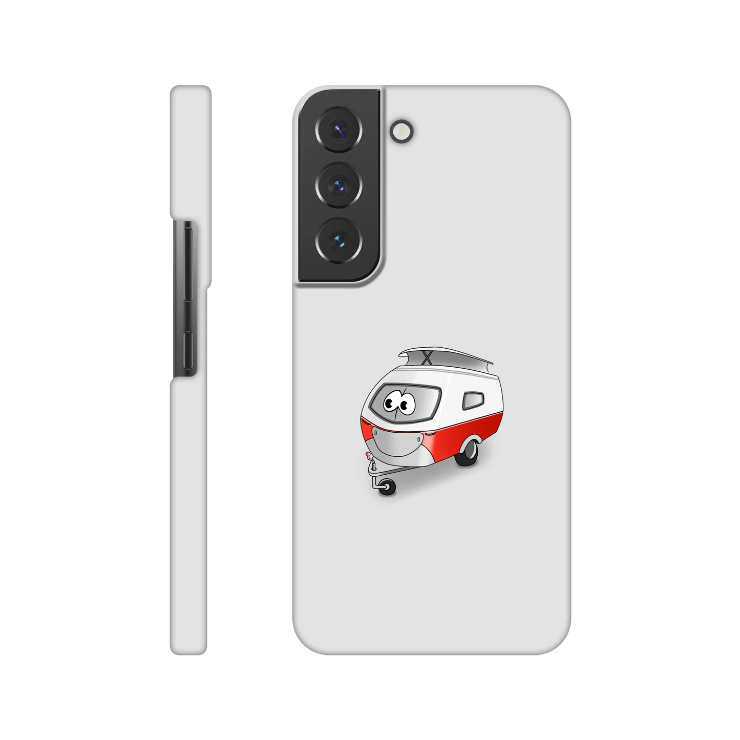 Eine Hülle für Samsung-Galaxy, weiß mit diversen Ausschnitten passend zum ausgewählten Gerät. Aufgedruckt ist auf der Hülle der Cartoon "Trollinchen" von Antje Blumrodt Cartoons.