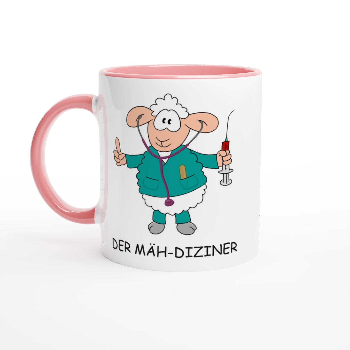 Das Bild zeigt eine Beispielaufnahme von dem Becher mit dem aufgedruckten Cartoon "Der Mäh-diziner".