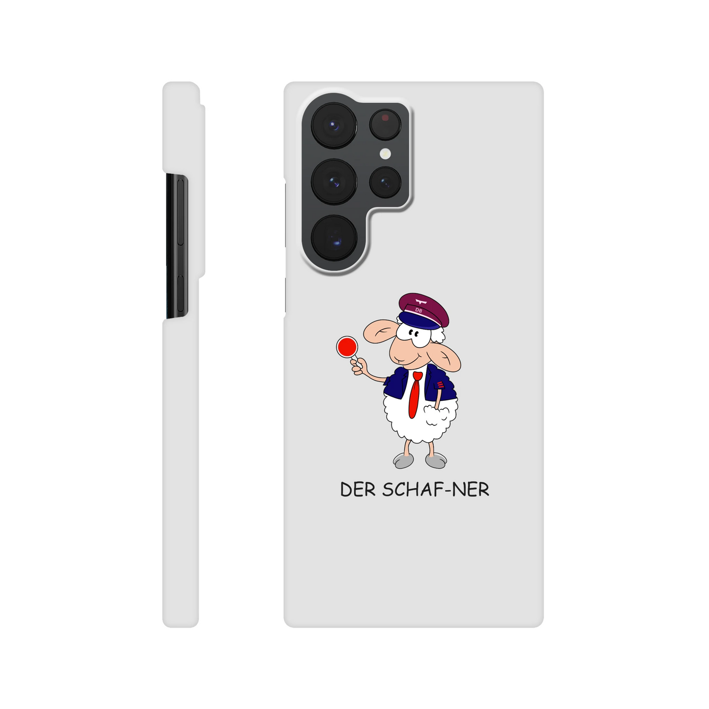 Eine Hülle für Samsung-Galaxy, weiß mit diversen Ausschnitten passend zum ausgewählten Gerät. Aufgedruckt ist auf der Hülle der Cartoon "DER SCHAF-NER" von Antje Blumrodt Cartoons.