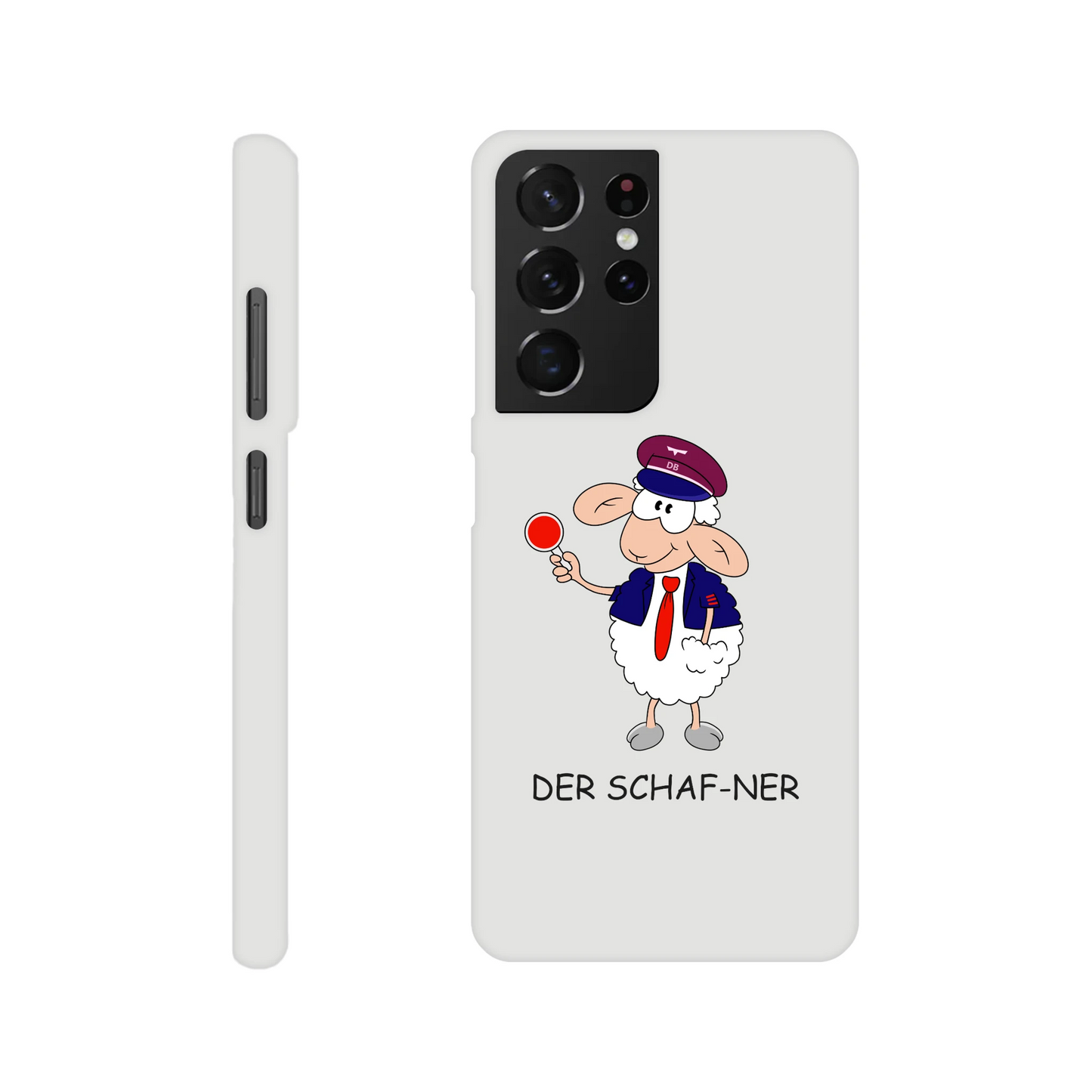 Eine Hülle für Samsung-Galaxy, weiß mit diversen Ausschnitten passend zum ausgewählten Gerät. Aufgedruckt ist auf der Hülle der Cartoon "DER SCHAF-NER" von Antje Blumrodt Cartoons.