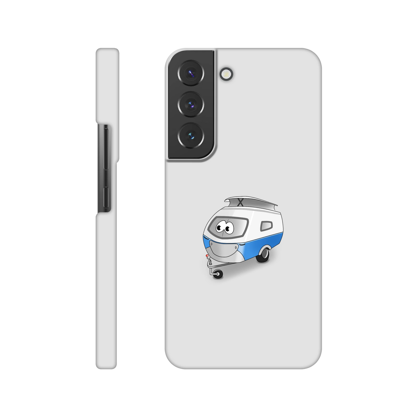 Eine Hülle für Samsung-Galaxy, weiß mit diversen Ausschnitten passend zum ausgewählten Gerät. Aufgedruckt ist auf der Hülle der Cartoon "Trollinchen" von Antje Blumrodt Cartoons.