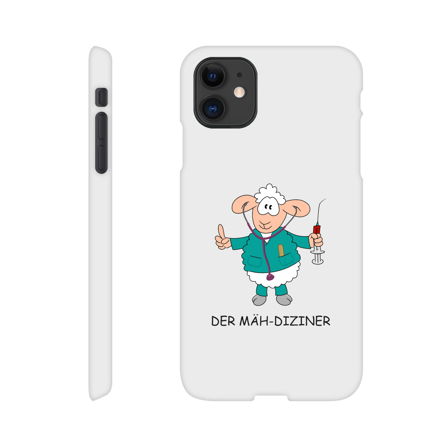 iPhone-Hülle, weiß mit diversen Ausschnitten passend zum ausgewählten Gerät. Aufgedruckt ist auf der Hülle der Cartoon "DER MÄH-DIZINER" von Antje Blumrodt Cartoons.