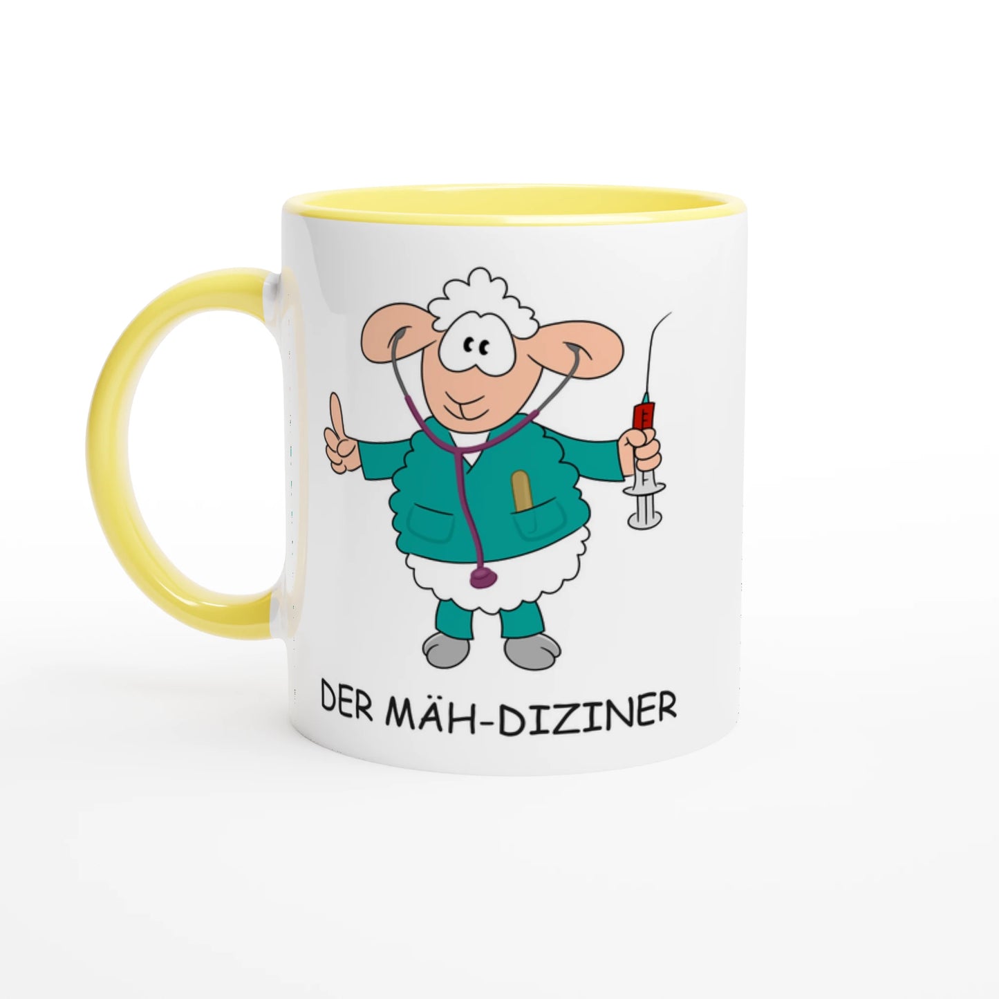 Das Bild zeigt eine Beispielaufnahme von dem Becher mit dem aufgedruckten Cartoon "Der Mäh-diziner".