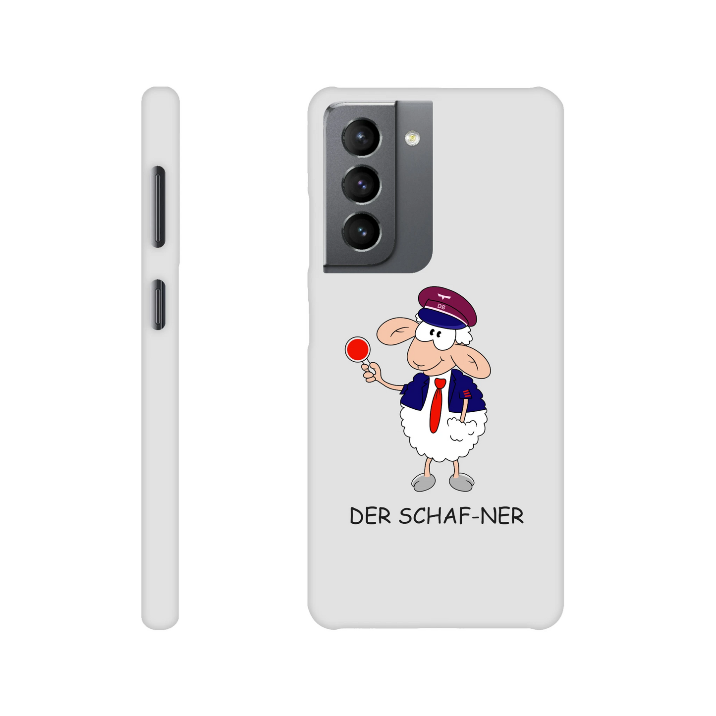 Eine Hülle für Samsung-Galaxy, weiß mit diversen Ausschnitten passend zum ausgewählten Gerät. Aufgedruckt ist auf der Hülle der Cartoon "DER SCHAF-NER" von Antje Blumrodt Cartoons.