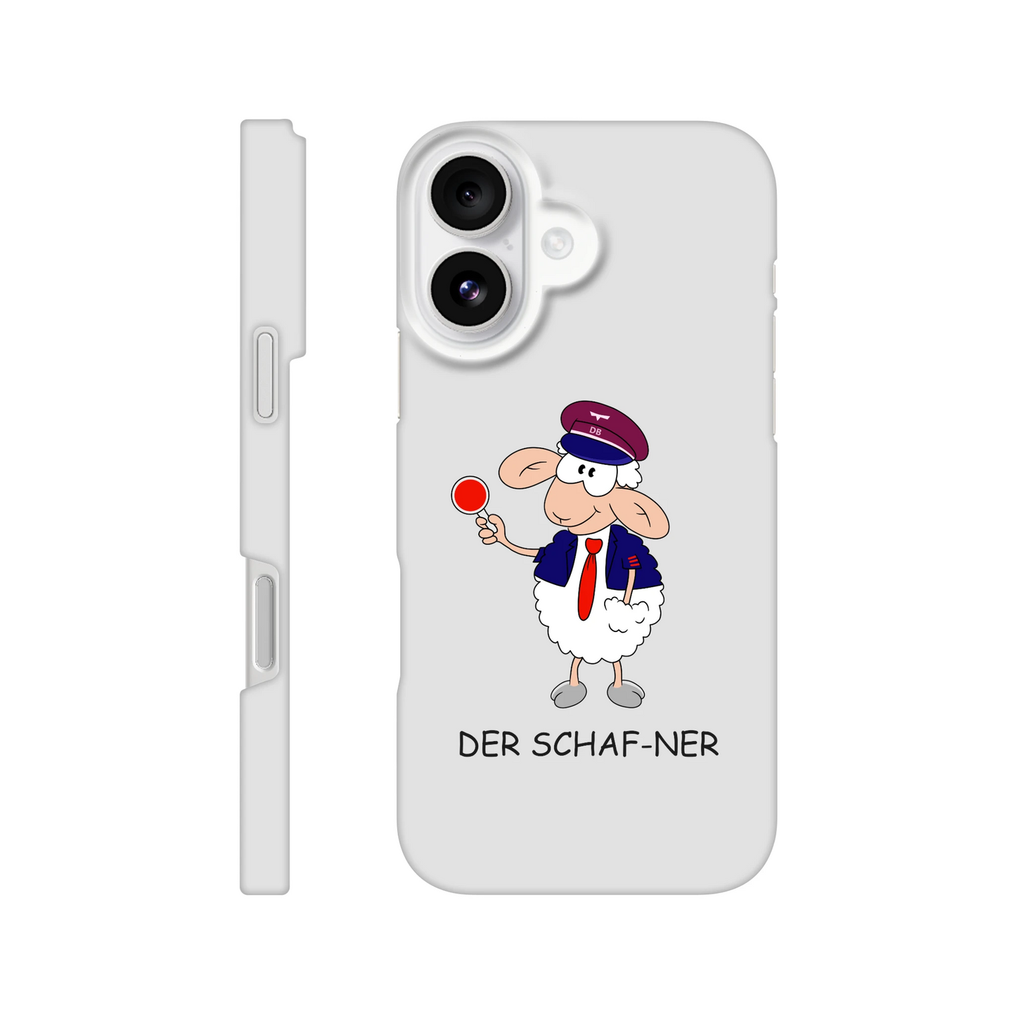iPhone-Hülle, weiß mit diversen Ausschnitten passend zum ausgewählten Gerät. Aufgedruckt ist auf der Hülle der Cartoon "DER SCHAF-NER" von Antje Blumrodt Cartoons.